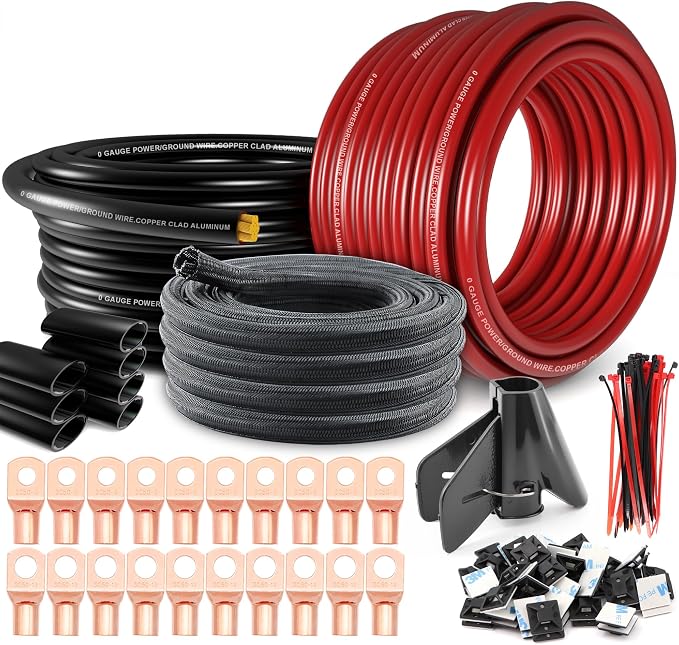 1/0 Gauge Wire(20ft Each - Red/Black) Copper Clad Aluminum CCA Automotive Wire with 40ft 1/2" Cable Sleeve - Ideal for Car Audio, Solar, Auto, RV, Marine Power & Ground Cables