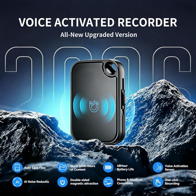 Voice Activated Recorder Compact Design 64GB Digital Voice Recorder with Playback Magnetic Portable Small Audio Recording Device with DSP 5.0 AI Noise Reduction for Lectures, Meetings(Black)