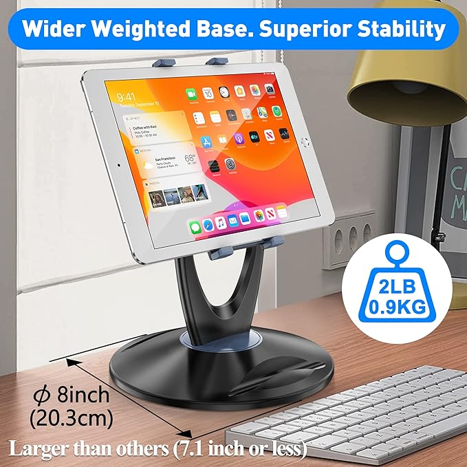 iPad Tablet Stand Holder for Desk - 6 inch to 13 inch - Stable, Adjustable - 360° Swivel Angle Pen Phone iPad Stand for Store, Retail Kiosk, Reception, Home Office, Gift Ideas - Black