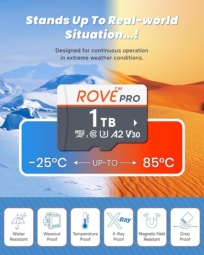 ROVE PRO 1TB Micro SD Card microSDXC Memory Card with Full-Size SD Adapter 100MB/s Read Speed, C10, U3, V30, 4K, A2 for R2-4K Dual Dash Cam, Android Smart Phones, Tablets, Games