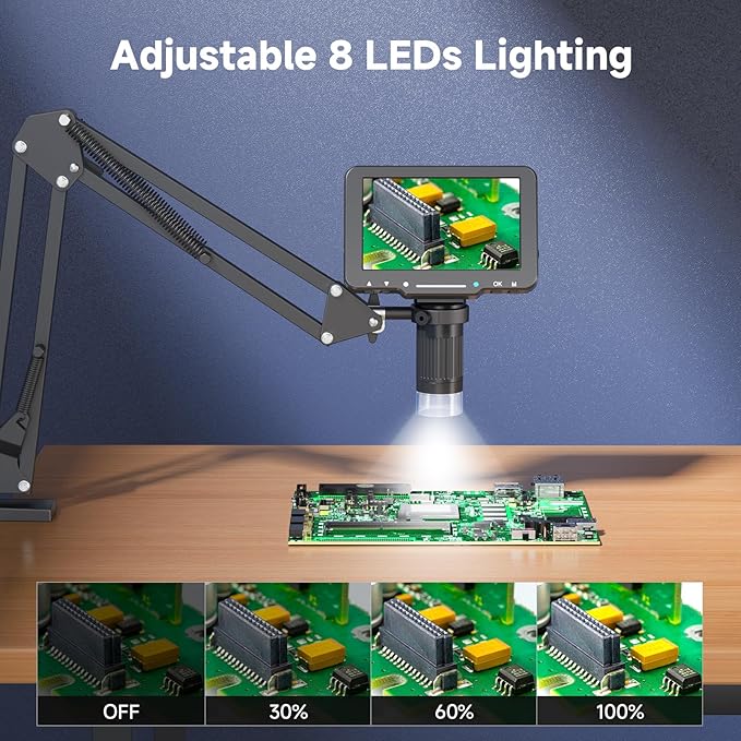 5" LCD Digital Soldering Microscope with Flexible Stand, 1000X Magnification for Electronics Repair & Coins, 1080P PC View, 8 LEDs (Micro SD Card Not Included)