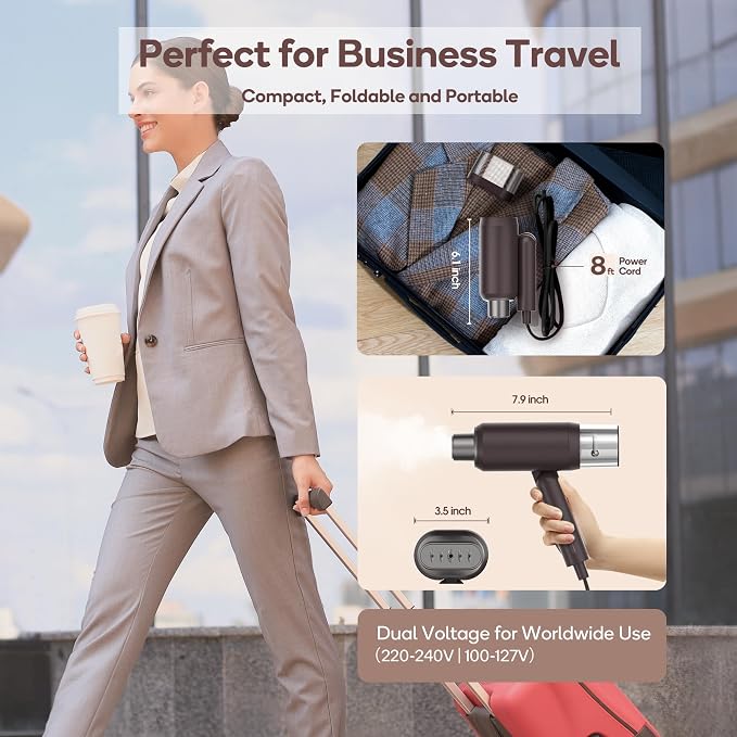 Newbealer Pro Business Travel Steamer, 1200W Dual Voltage, 180ml (Brown) | Foldable & 20s Fast Heat, 360° Anti-Spill Garment Steamer, Solid 1.72 lbs, Auto-Off, for Global Business Trip/Hotel/Office