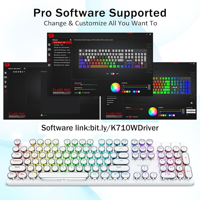 Redragon K710 Wireless Typewriter Mechanical Gaming Keyboard, Bluetooth/2.4Ghz/Wired, RGB LED Backlit, Blue Switch - Clicky, Rechargeable, Solid Metal Panel, Round Keycaps, White