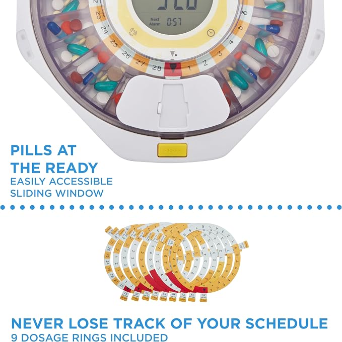 LiveFine Bluetooth Automatic Pill Dispenser, 28-Day Capacity, Sound & Light Alerts, Key Lock, LCD & Easy Setup on the LiveFine App for Prescriptions, Medications, Vitamins & Supplements - Clear Lid