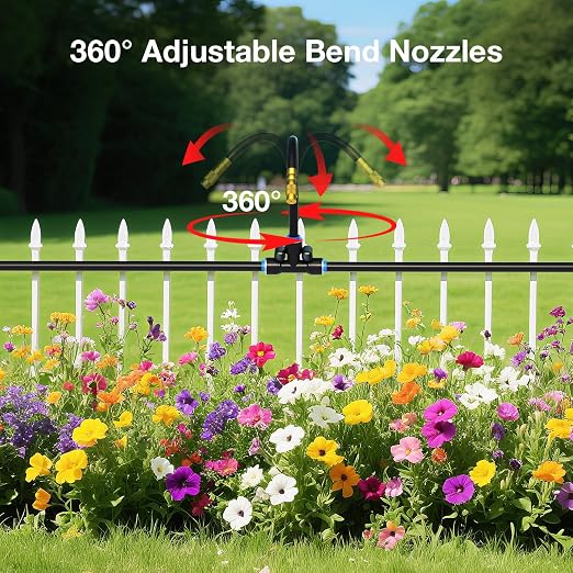 MIXC 1/4" 100Ft Drip Irrigation System for Garden with 16pcs 360°Adjustable Brass Nozzles & Bendable Rod,Upgraded Watering System Kit for Outdoor Plants,Lawn,Raised Bed,Potted Plant,Yard,Greenhouse