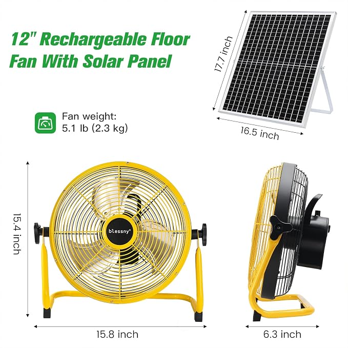 blessny 12" Solar Rechargeable Floor Fan with 35W Solar Panel for Home Outdoor Camping Gazebo Greenhouse Barn Poultry Pet House Cooling or Air Circulation, 23 Ft Long Cord