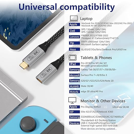 6.6ft/2M USB4 Cable, USB-C Female to USB-C Male, 40Gbps Data Transfer, 8K@60Hz Video, 240W Fast Charging, Compatible with Thunderbolt 4, Laptop, Tablet, Smartphone, Monitor