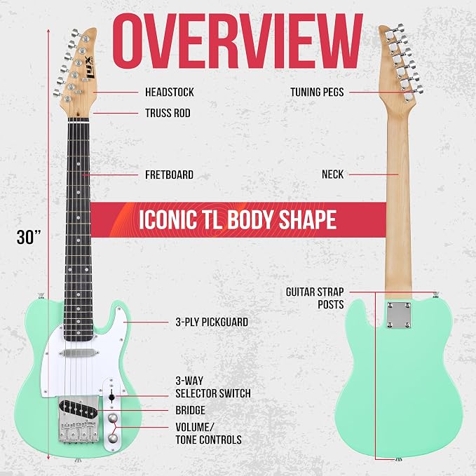 LyxPro 30” Electric Guitar TL Series, Full-Size Paulownia Wood Body, 3-Ply Pickguard, C-Shape Neck, Ashtray Bridge, Quality Gear Tuners, 3-Way Switch & Volume/Tone Controls, 2 Picks Included, Green