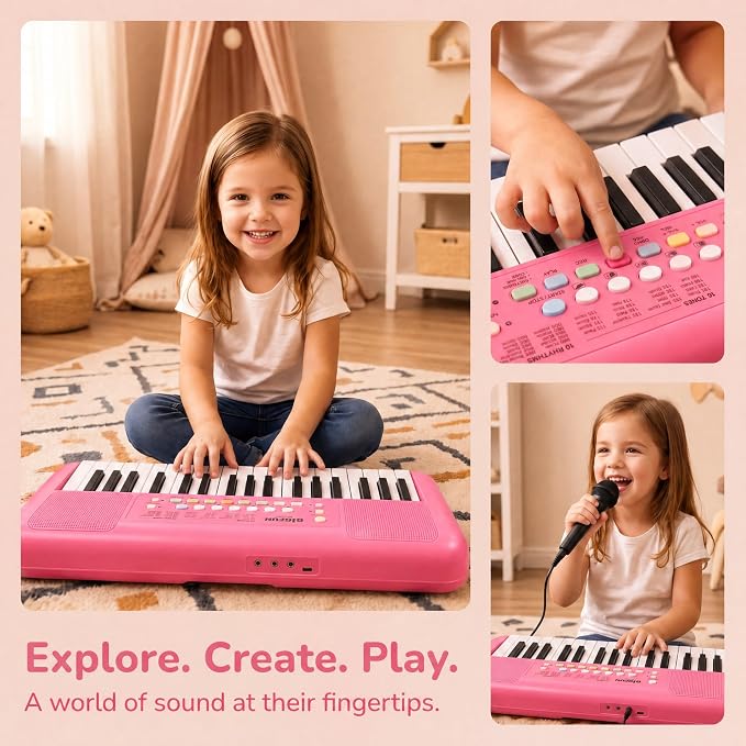 LeeQee 32 Keys Kids Keyboard Piano with Microphone, Double Speakers Toddler Piano Toy for Boys Girls Age 3-6, Portable Educational Musical Instrument, Birthday Gifts (Strawberry Red)