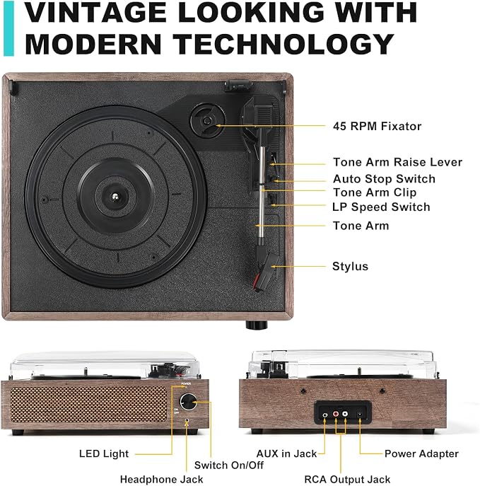 Vintage Vinyl Record Player with Speakers Retro Turntable Belt-Driven LP Phonograph 3-Speed Bluetooth Wireless Input AUX-in Headphone RCA Line Out All-in-one for Beginner Wooden Grain Grey