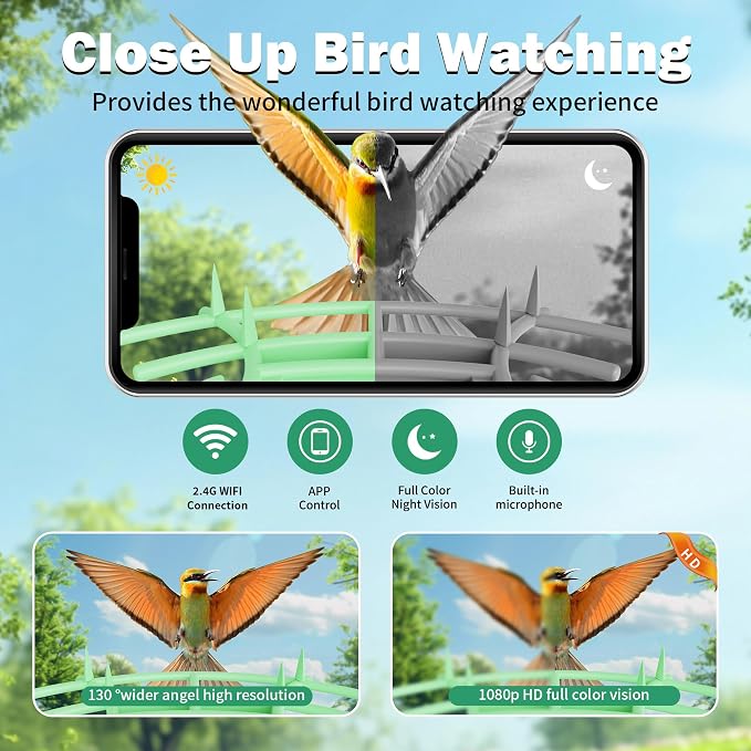Smart Bird Feeder with Camera, Solar Powered 3 L Capacity, 2K HD AI Identify Bird Species, Weatherproof Auto Video Recording, Real-Time Alerts, Ideal Gift for Tech Lovers and Parents (Green)