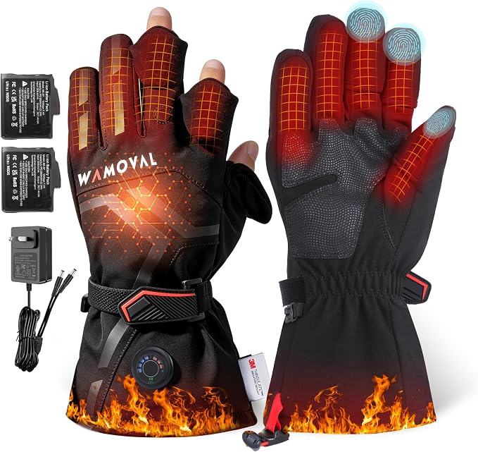 Heated Gloves, 7.4V Rechargeable Hand Warmer for Men Women, Up to 8 Hours, 3 Heat Settings, Windproof Thermal Fleece 3-Finger Magnetic Flip for Hunting/Fishing/Photography/Drone, Touchscreen