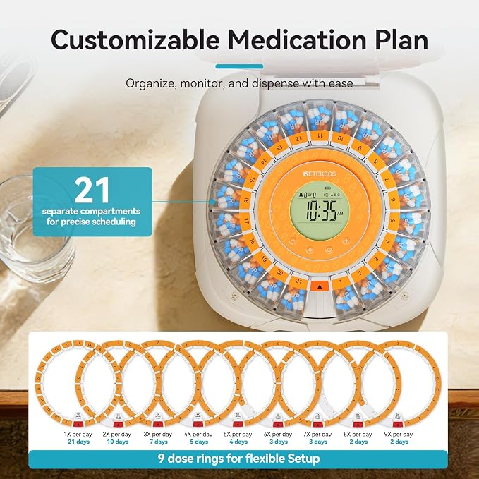 Retekess TH017 Automatic Pill Dispenser with Alarm, Effortless Medication, Secure Storage, Clear and Loud Reminders, Large Pill Organizer with 21 Compartments, Pill Box for Elderly
