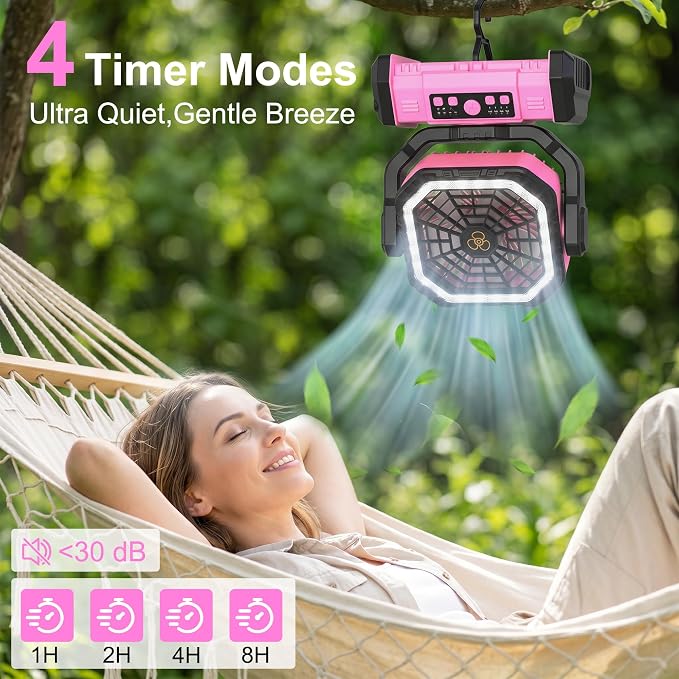 Honesorn Portable Fan Rechargeable 20000mAh, Camping Fan with LED Light & Remote, USB C Cordless Battery Powered, 4 Speeds Timer Hanging Hook for Travel Tent Outdoor Essentials - Pink