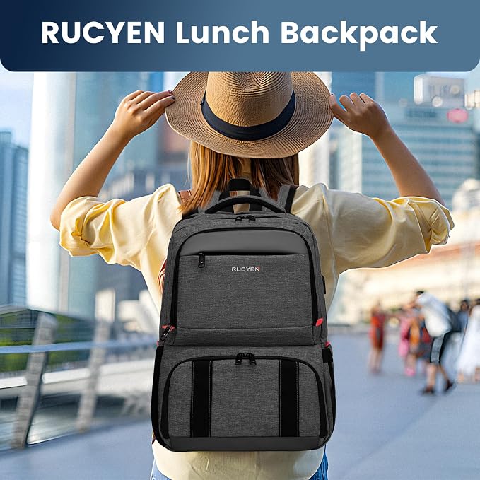 RUCYEN Lunch Backpack, 17.3 Inch Large Lunch Backpack Insulated Cooler Bag Travel Laptop Backpack with USB Port for Men Women, RFID Blocking for Work Picnics Black