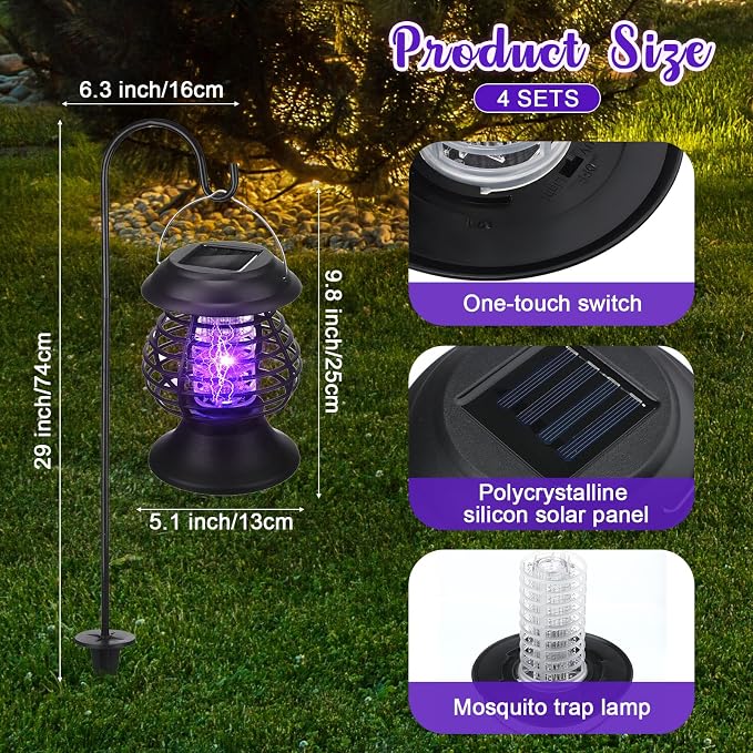 Qualirey 4 Pcs Outdoor Waterproof LED Solar Bug Zapper 2 in 1 Hanging Mosquito Zapper Mosquito Killer Outdoor Cordless Garden Waterproof Fly Insect Killer for Backyard Farm Patio