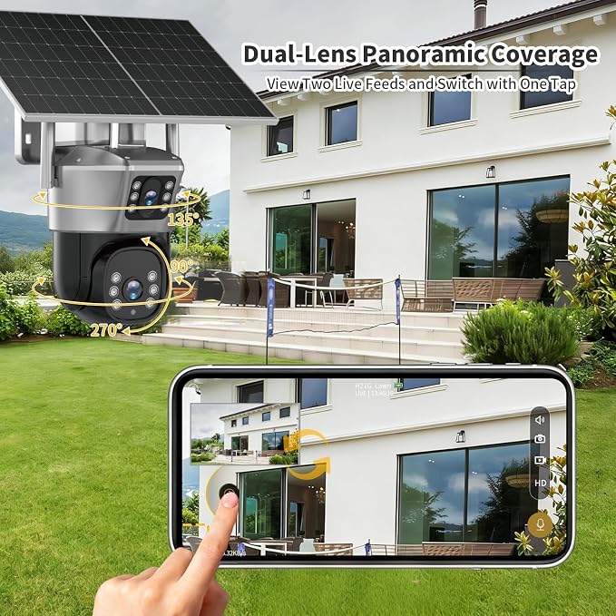 4G Solar Security Camera, 2K Dual-Lens Outdoor Camera Wireless with Human Detection, Two-Way Audio & Color Night Vision, 10400mAh Battery Powered Cameras, Cloud & SD Storage, Compatible with Alexa