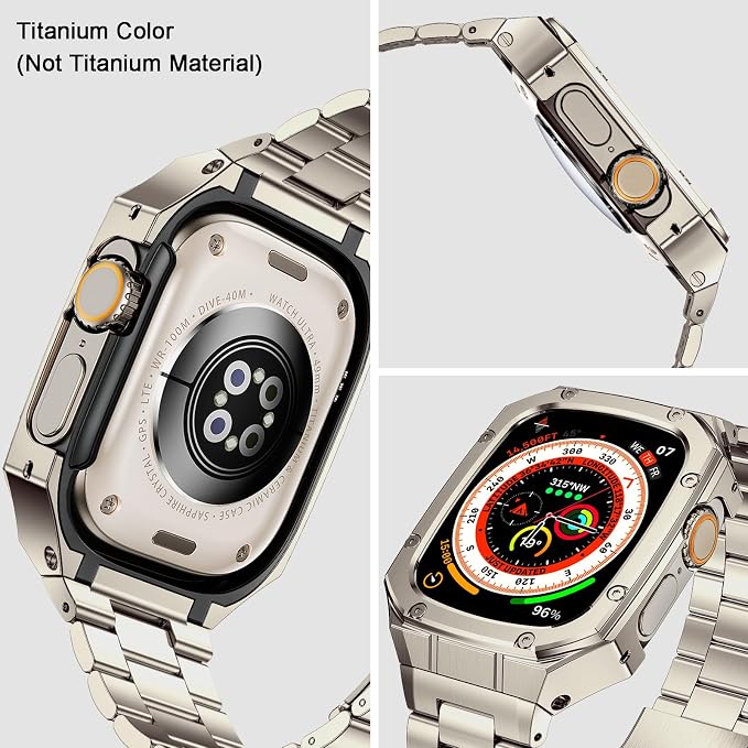 BAITEYOU Stainless Steel Watch Band with Case Compatible with Apple Watch band Ultra 3 2 1 49mm, Rugged Strap with Metal Protective Bumper Cover for iWatch Bands Men (Titanium Color)