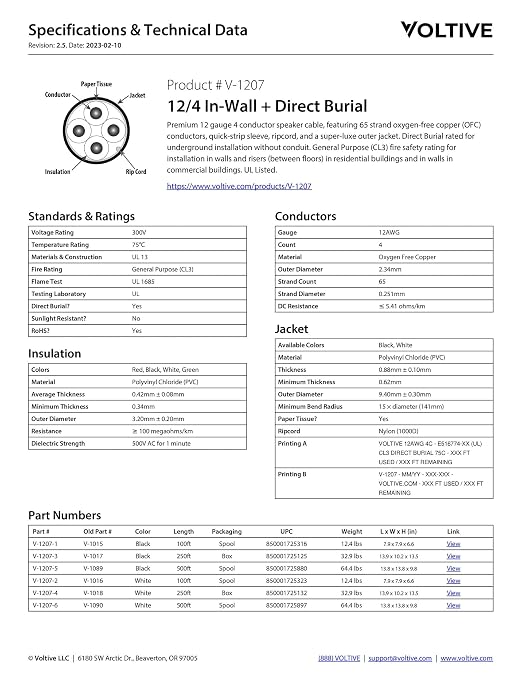 Voltive 12/4 Speaker Wire, in-Wall CL3 & Direct Burial, Black, 250ft - 12AWG, 4 Conductors, Stranded Oxygen-Free Copper, UL Listed - V-1207-3