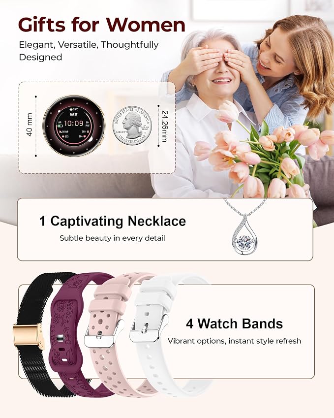 Smart Watch for Women, 1.27" HD Fitness Tracker with 4 Bands & Necklace Gift Set, Heart Rate SpO2 Sleep Monitor, 120+ Sport Modes, Call & Notifications, Smartwatch for Android iPhone, 40mm Black Gold