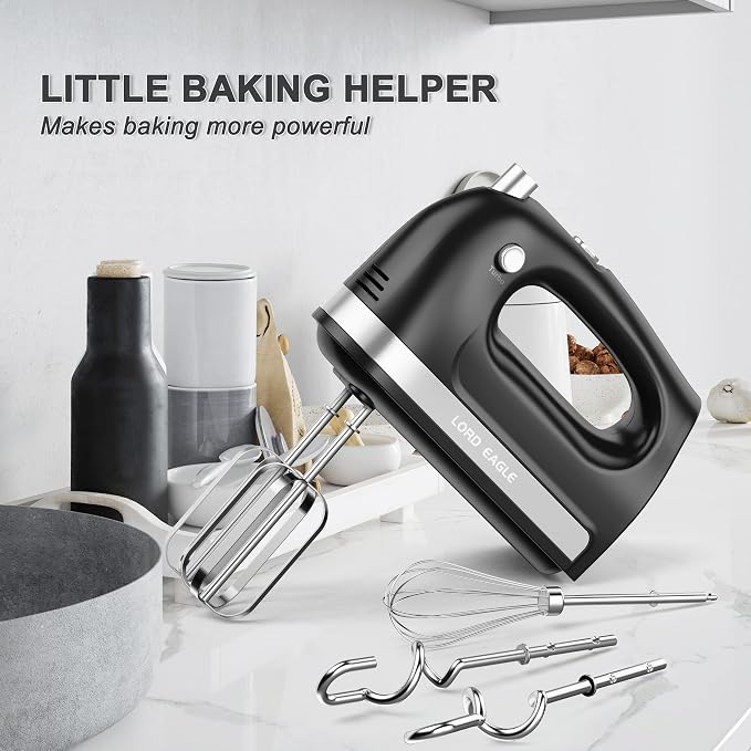 Lord Eagle Hand Mixer Electric Handheld 400W, 5-Speed Lightweight Kitchen Mixer with Storage Case, 5 Stainless Steel Attachments for Baking Cake Egg Cream Food Beater, Turbo+Eject Button, Black