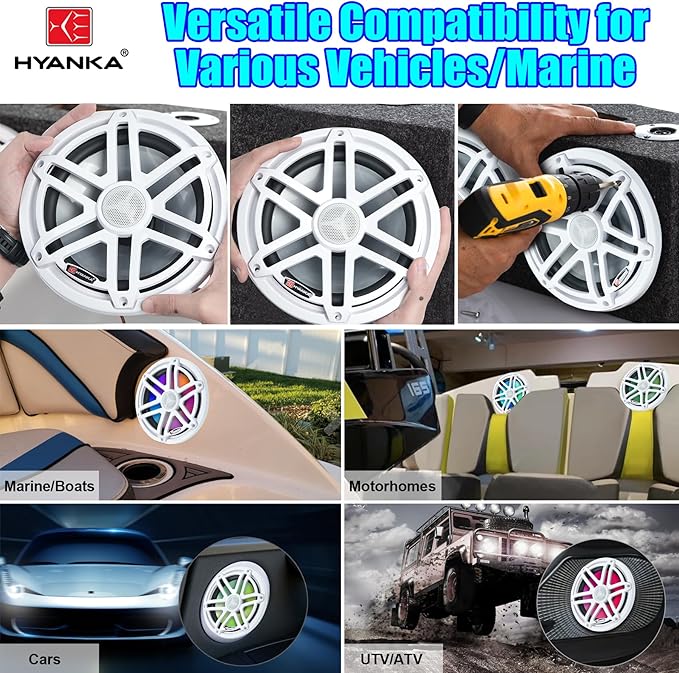 H YANKA HMS-08W 8" Marine Speakers - 1000W 2-Way IP67 Waterproof Boat Stereo System with LED Lights, High-Fidelity Coaxial Speakers, Y30 Magnet Woofer, UV & Salt Spray Resistant - 1 Pair (White)