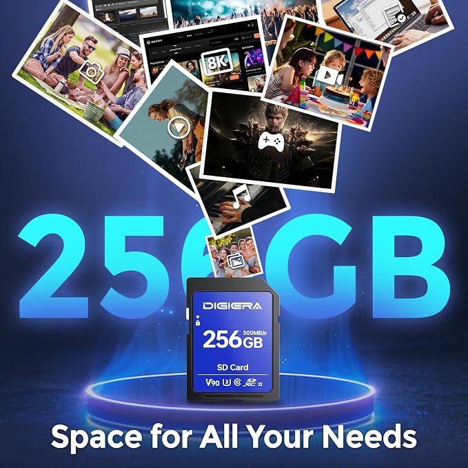 DIGIERA 256GB LSU200 SDXC UHS-II Memory Card - up to 300MB/s, C10, U3, V90, 8K, SD Card for Computers, Digital Cameras, Home Theatre Devices, Car Navigation Systems (2 Pack)