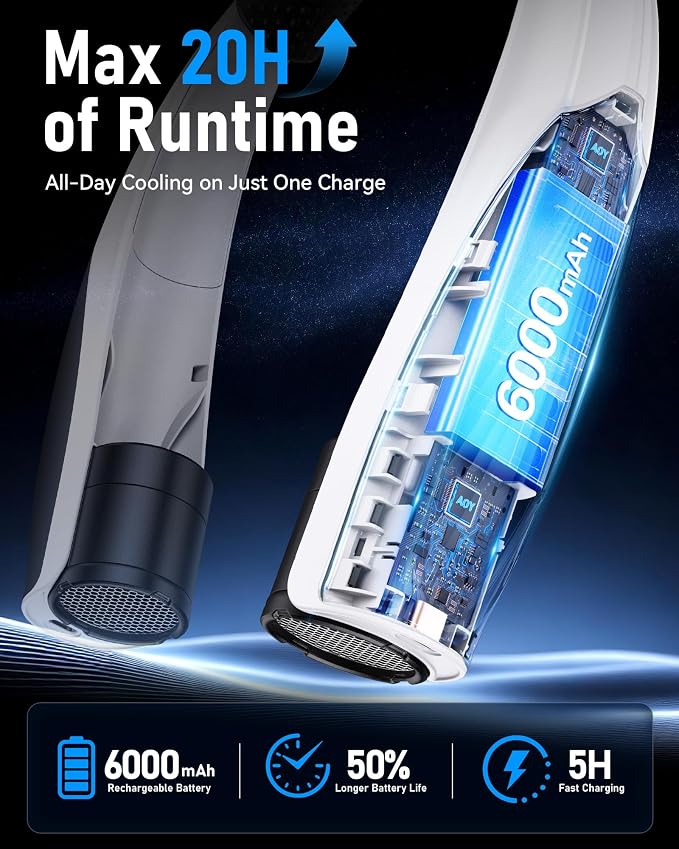 Portable Neck Fan, Max 20H, Rechargeable Personal Fan with 6000mAh Battery, 360° Cooling, 6 Speeds Hands-Free Wearable Fan, Gifts for Men, Women, Travel, World Cup, Outdoor