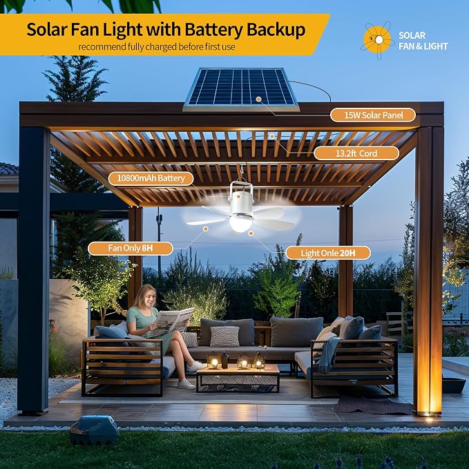 HZZ 17'' Off-Grid Solar Ceiling Fan with Light, 10800mAh Battery, 15W Panel, Low Noise DC Motor, Remote Control, for RV Gazebo Camping Porch Shed
