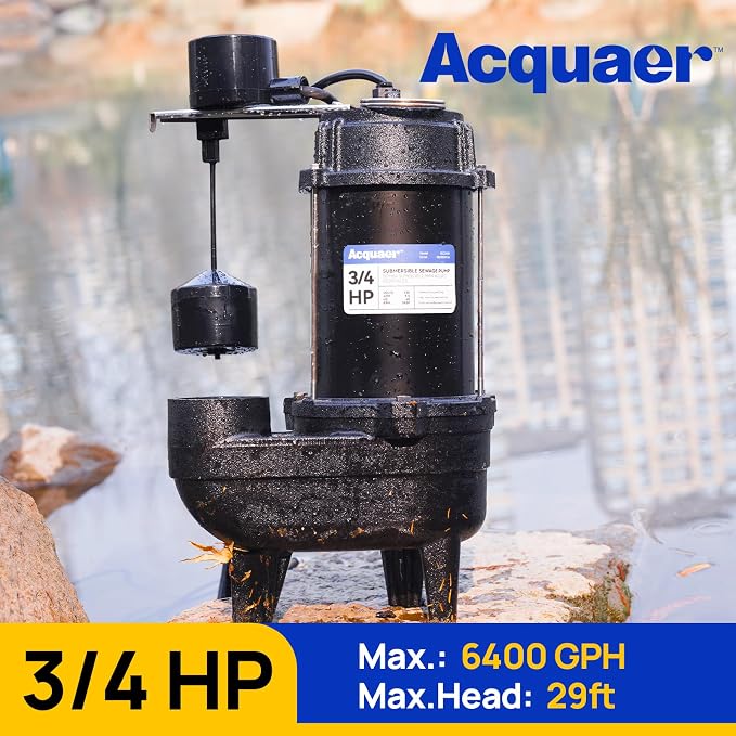 Acquaer 3/4HP Sewage Pump Submersible, 6400 GPH Cast Iron with Automatic Integrated Vertical Float Switch and Piggyback Plug, 2'' NPT Discharge Basements Pump for Wastewater, Sewer
