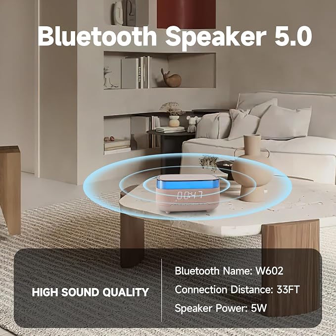 Bluetooth Speaker Alarm Clock with Night Light,6 in 1 Wireless Charging Station for iPhone 17/16/Samsung Series,Clock for Bedroom Adjustable 3 Levels Digital Brightness Touch Snooze Sleep Timer 12/24H