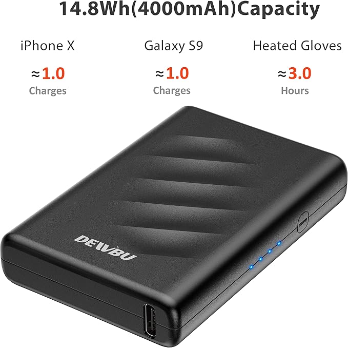 DEWBU Mini Portable Charger, 4000mAh Ultra Slim Lightweight Power Bank with Battery Level Indicator and USB-C Port for Travel, Compatible with iPhone, iPad, Samsung Galaxy, Android, and Heated Gloves