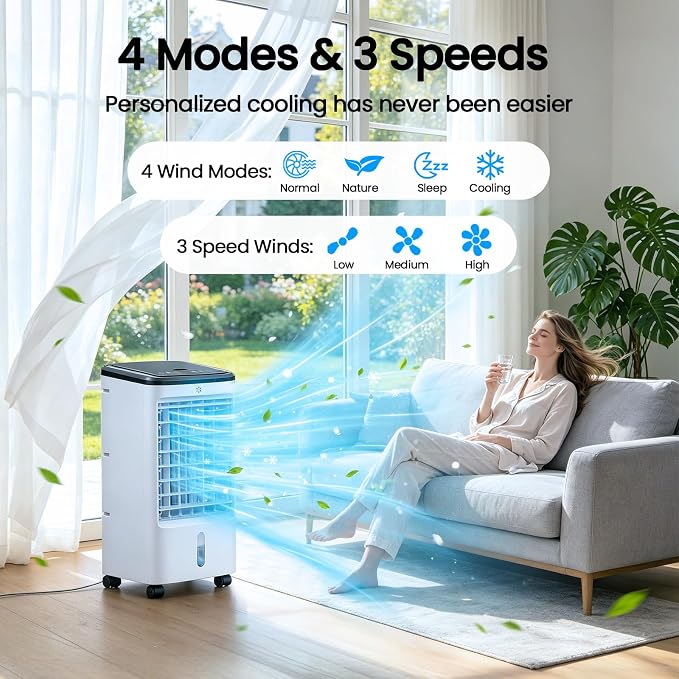 Windowless Air Conditioner, Portable Swamp Cooler with 2 Water Tanks, 4-in-1 Evaporative Air Cooler with Remote, 4 Modes 3 Speeds, 12H Timer, 4 Ice Packs, Ventless Cooling Fan for Room Home Office