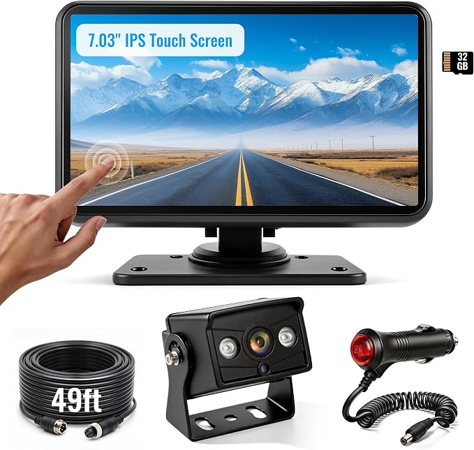 Wired Backup Camera System, 7.03" DVR IPS Touchscreen with AHD IP69K Water/Dust Proof Rear Camera for Skid Steer, Vibration-Proof 20G for Hitching, Tractor, Truck, Heavy Equipment, AYT103