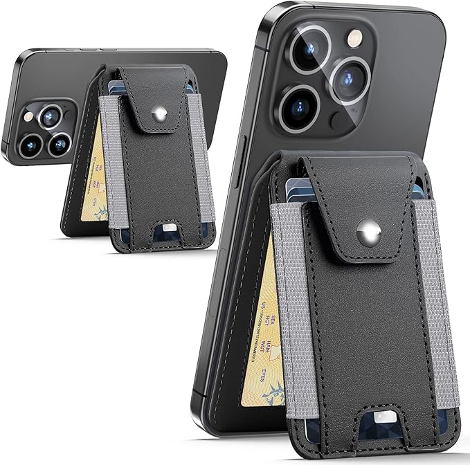HiWe for Magsafe Wallet Stand with Privacy Flap, Strongest Magnetic Wallet for iPhone 17/16/15/14/13/12 Series, 9 Cards Holder, ID Window, Leather RFID, 3 Slots, Black