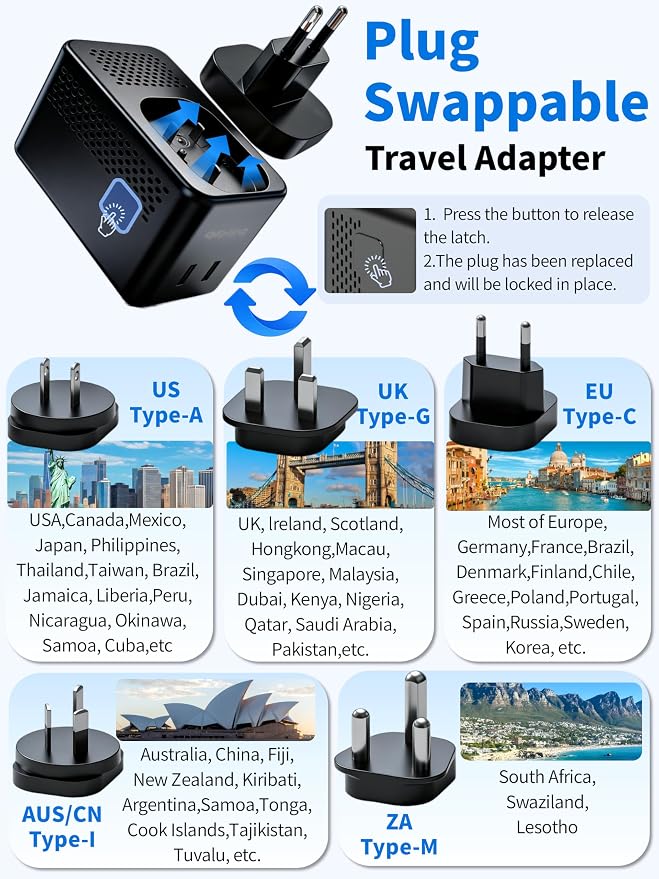 Travel Adapter Voltage Converter US to Europe Power Adapter Step Down Transformer 220V to 110V with 2 USB A 2 USB C & UK/AU/US/EU/﻿South Africa for Hair Dryer (Black)