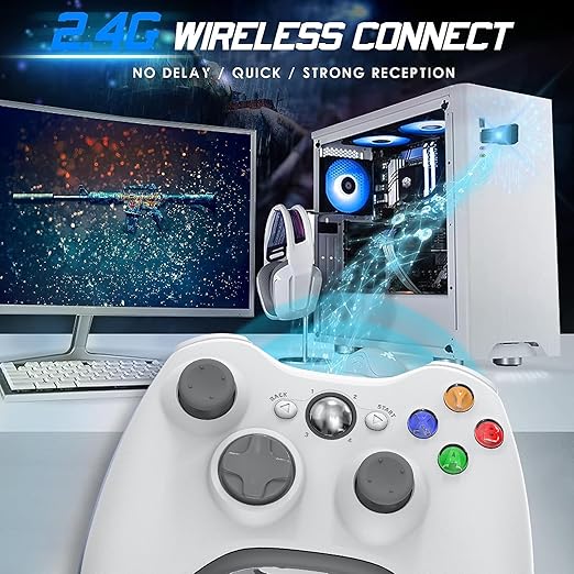 Gamrombo 2 Pack Replacement for Xbox 360 Controller, Wireless Controllers Gamepad Upgraded Joystick Compatible with 360 & Slim, Windows 11/10/8/7 PC Controller with Dual Shock, 2.5mm Audio Jack(White)