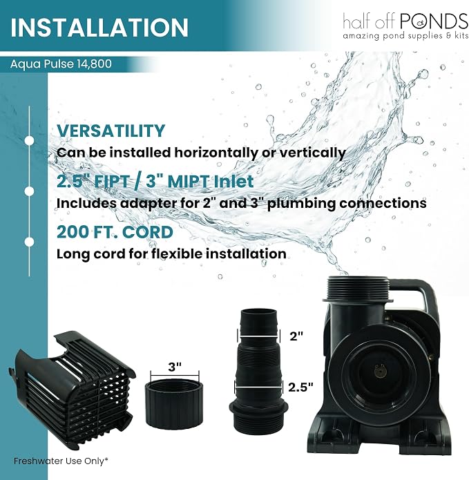 Aqua Pulse Submersible Pond Pump, 14,800 GPH, 200 ft Cord | 35.5 ft max head, 1100W energy efficient, Ultra quiet, For koi ponds, Waterfalls, Fountains