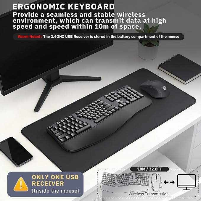 FOPETT Wireless Ergonomic Keyboard for PC, 2.4G Full Size Wireless Keyboard and Mouse Combo, Comfortable Natural Split Keyboard Mouse for Windows Computer Desktop Laptop
