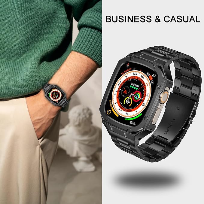 BAITEYOU Stainless Steel Watch Band with Case Compatible with Apple Watch band Ultra 3 2 1 49mm, Rugged Strap with Metal Protective Bumper Cover for iWatch Bands Men (Black)