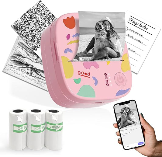 Mini Sticker Printer AHM2, Mini Thermal Printer with 3 Rolls Paper, Bluetooth Inkless Printpods, Pocket Label Maker Suitable for Creative Kids DIY, Diaries, Photos, Study Notes -Light Pink