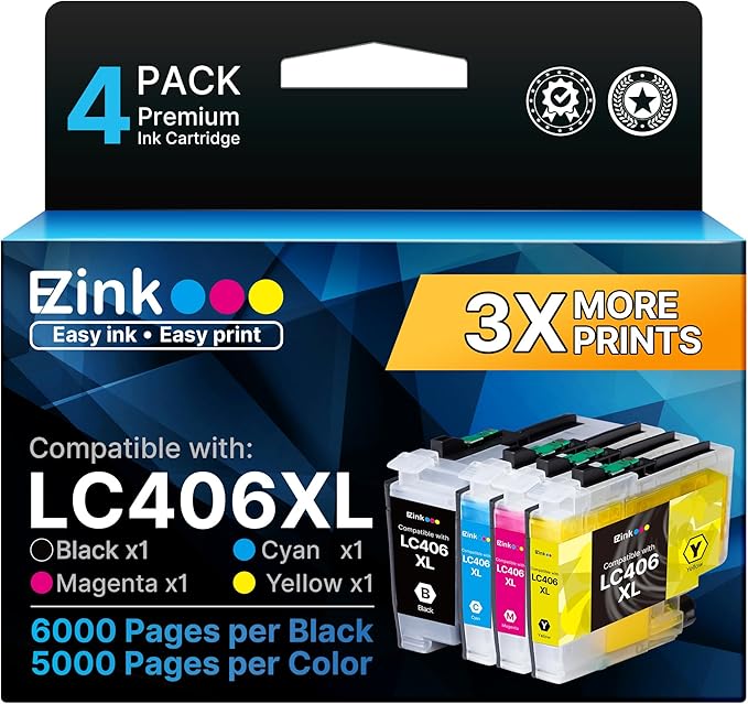 E-Z Ink LC406XL LC406 Ink Cartridges for Brother Printer Replacement for LC406 XL LC406XL for Brother MFC-J4335DW MFC-J5855DW MFC-J6555DW MFC-J4535DW MFC-J6955DW MFC-J4345DWXL MFC-J5955DW (4 Pack)