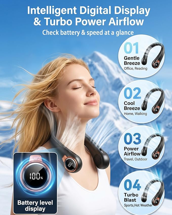 BNBZ Portable Neck Fan, 6000mAh Rechargeable Fan Blows Cold Air with LED Display, 4 Speeds, 20H Runtime, Quiet Wearable 360° Personal Cooling Fan for Outdoor Travel Work Gym,Fireplace Fans