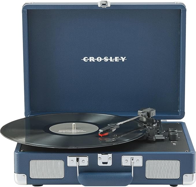 Crosley CR8005F-IB Cruiser Plus Vintage 3-Speed Bluetooth in/Out Suitcase Vinyl Record Player Turntable with Built-in Speakers, Ink Blue