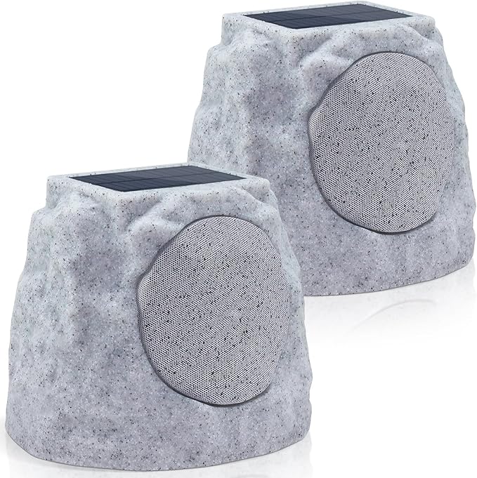 2-Pack Rock Speakers Outdoor Water-Resistant IP44, Multi-Sync Up to 100 Speakers, Solar-Powered Rock Speaker with Light for Patio Garden Party Pool Deck Yard Outside