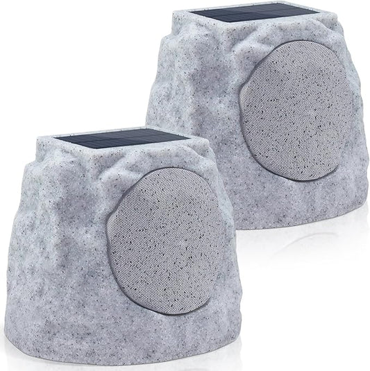 2-Pack Rock Speakers Outdoor Water-Resistant IP44, Multi-Sync Up to 100 Speakers, Solar-Powered Rock Speaker with Light for Patio Garden Party Pool Deck Yard Outside