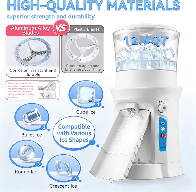 Electric Ice Shaver Machine, 400W Shaved Ice Machine, Thickness Adjustable Snow Cone Maker Machine 1499LBs/hr Ice Crusher for Bar Parties Events Snack, Home and Commerical Use(13.8Qt)