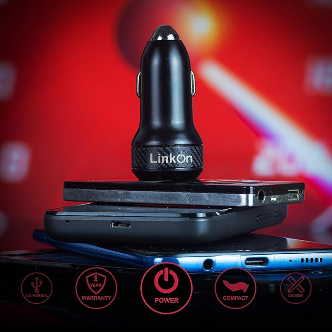 LinkOn 45W USB C & USB A Car Charger PD 3.0 (27W) + QC 3.0 (18W) Dual Port – Compact Fast Car Charger Compatible with iPhone 15/16, iPad, Galaxy S23/S24, Pixel, Tablets