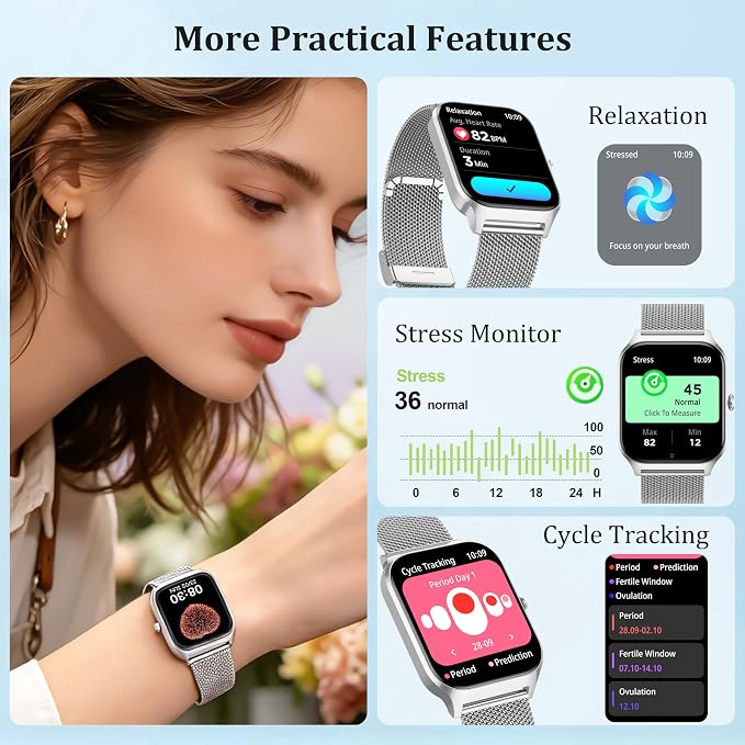 Smart Watch Women Men, 1.85’’ Reloj Inteligente para mujer hombre, Make/ Answer Call, Health Monitor/Blood Pressure, 110+ Sports Modes, Voice Control, IP68 Waterproof Compatible with Android & iPhone