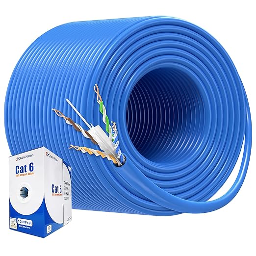 Cable Matters [UL Listed] 10Gbps in-Wall Riser Rated (CMR) 23AWG Bare Copper Cat6 Ethernet Cable - 1000ft, Solid, UTP Cat 6 Ethernet Cable Spool, Cat 6 Cord Bulk, Blue